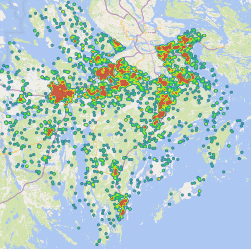Karta &ouml;ver s&ouml;dra Stockholms l&auml;n. Kartan har markeringar som visar var br&auml;nder har uppst&aring;tt. Flest markeringar &auml;r det kring t&auml;tbebyggda omr&aring;den